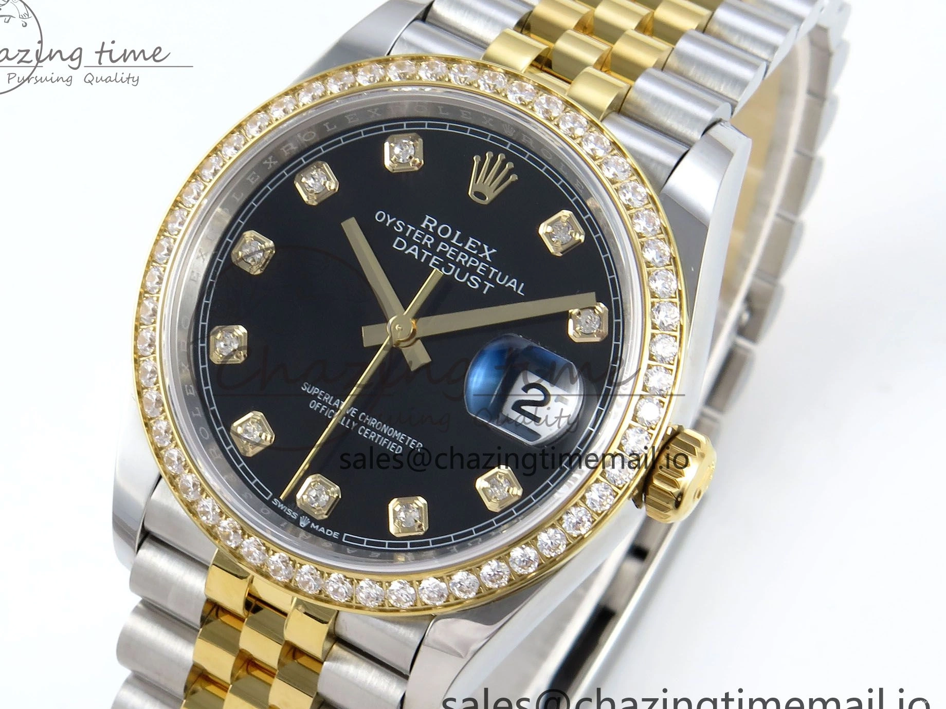 MiroTime 0109 Stretchable DateJust 36 126283RBR EWEF Best Edition Black Diamonds Dial on SS YG Jubilee Bracelet A 634